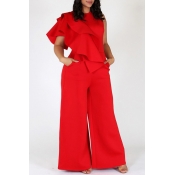 Lovely Stylish O Neck Ruffle Design Red One-piece 