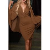 Lovely Casual V Neck Batwing Sleeve Brown Mini A L