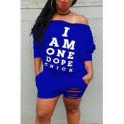 Lovely Trendy Letter Printed Blue One-piece Romper