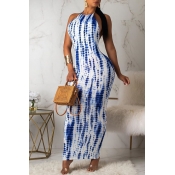 Lovely Sexy Printed Backless Blue Ankle Length Dre