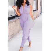 Lovely Casual V Neck Hollow-out Purple One-piece J
