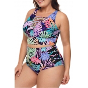 Lovely Printed Hollow-out Blue Plus Size Two-piece