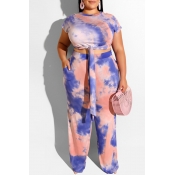 Lovely Casual O Neck Tie-dye Blue Plus Size Two-pi