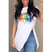 Lovely Casual Printed Side Split White T-shirt