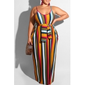 Lovely Casual Spaghetti Straps Striped Yellow Floo