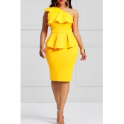 Lovely Stylish One Shoulder Ruffle Design Yellow K