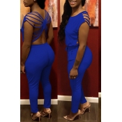 Lovely Sexy O Neck Hollow-out Blue One-piece Jumps