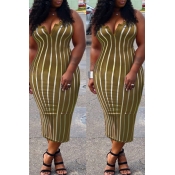 Lovely Casual V Neck Striped Patchwork Green Mid C