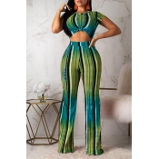 Lovely Casual O Neck Striped Multicolor Two-piece 
