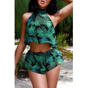 Lovely Casual O Neck Printed Green Two-piece Short