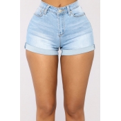 Lovely Casual Mid Waist Baby Blue Denim Shorts