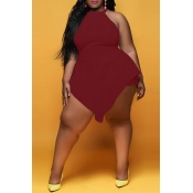 Lovely Casual Asymmetrical Wine Red Plus Size One-