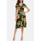 Lovely Casual V Neck Printed Black Knee Length Dre