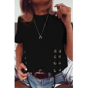 Lovely Casual O Neck Lace-up Black Blouse