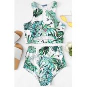 Lovely O Neck Printed Green Two-piece Swimwear