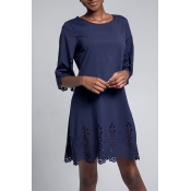 Lovely Casual O Neck Hollow-out Navy Knee Length O