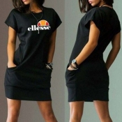 Lovely Casual O Neck Letter Printed Black Mini Dre
