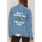 Lovely Casual Letter Printed Deep Blue Denim Coat