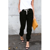 Lovely Casual Drawstring Black Cotton Pants