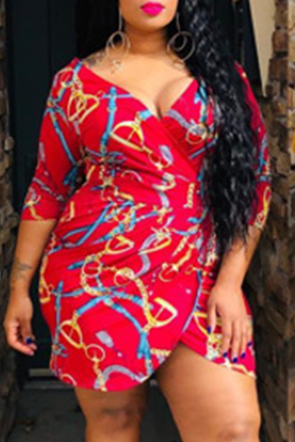

Lovely Trendy Print Red Mini Plus Size Dress