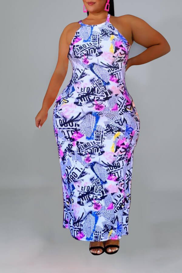 Lovely Casual Letter Printed White Ankle Length Plus Size Dress_Plus