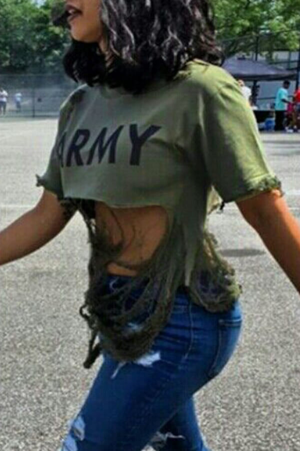LW COTTON Sexy Printed Hollow-out Army Green Blends Shirts
