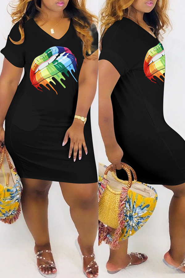 

Lovely Casual V Neck Printed Black Mini Dress