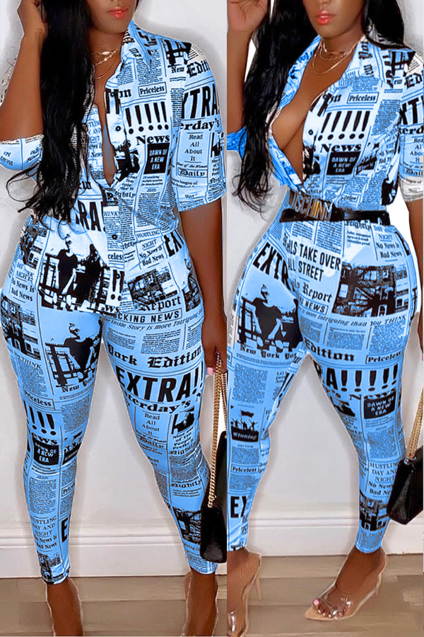 

Lovely Casual V Neck Letter Printed Blue Two-piece Pants Set(Without Belt