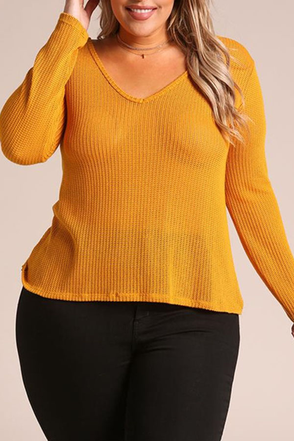 

Lovely Casual V Neck Yellow Plus Size Sweater