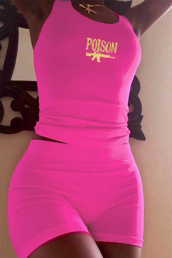 

Lovely Casual U Neck Letter Printed Rose Red Two-piece Shorts Set