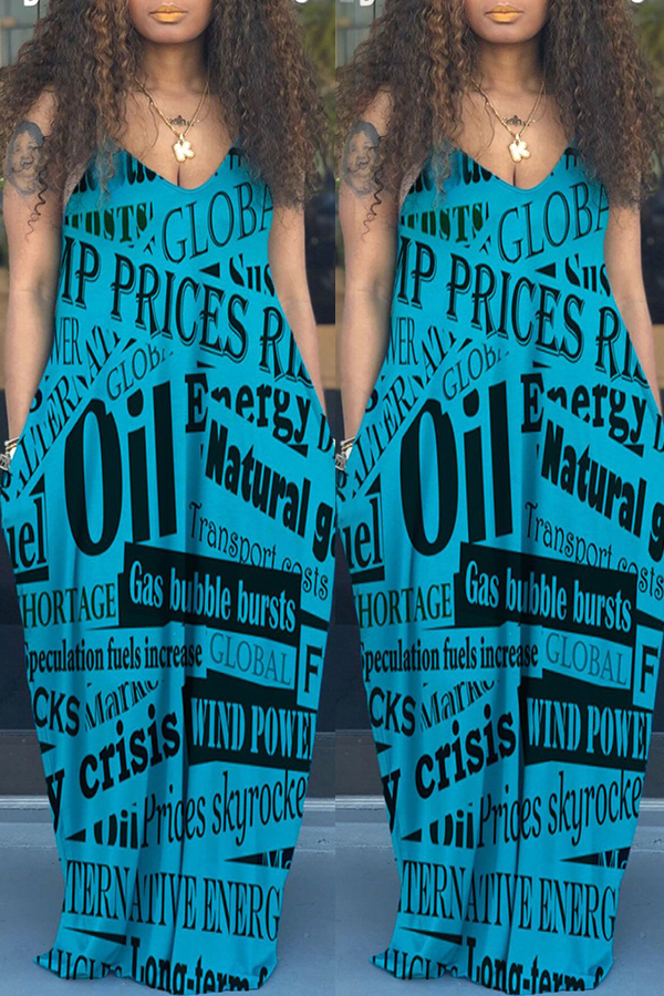 

lovely Leisure Letter Print Blue Maxi Dress