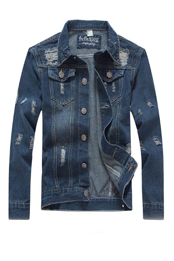 Lovely Casual Turndown Collar Broken Holes Blue Cowboy Wear