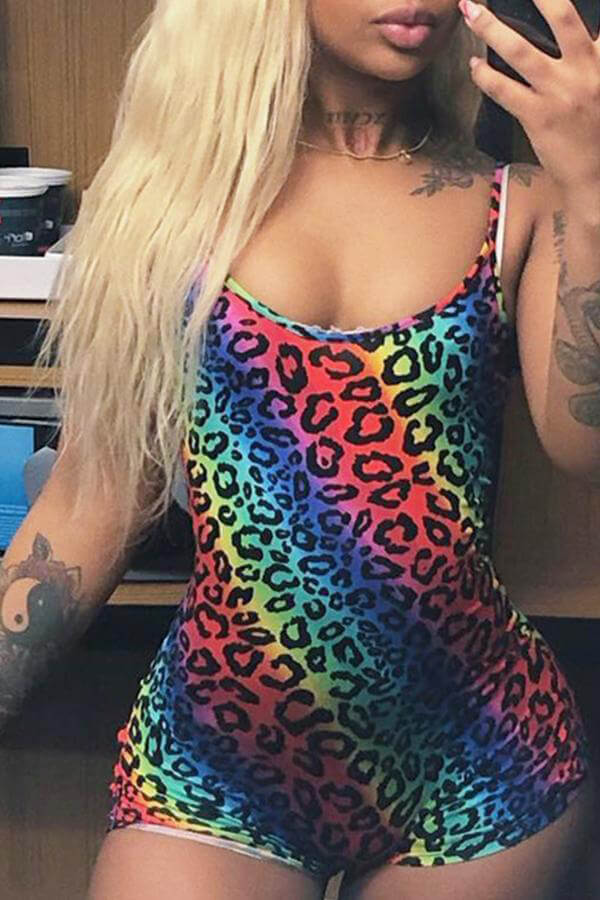 

Lovely Leisure Spaghetti Straps Leopard Printed Multicolor One-piece Romper, Multi