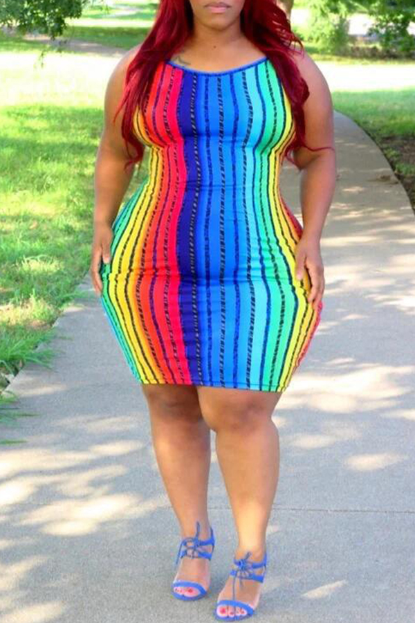 Lovely Casual Rainbow Striped Multicolor Knee Length Dress_Plus Size