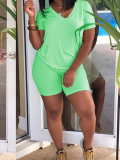 LW Casual V Neck Light Green Two-piece Shorts Set