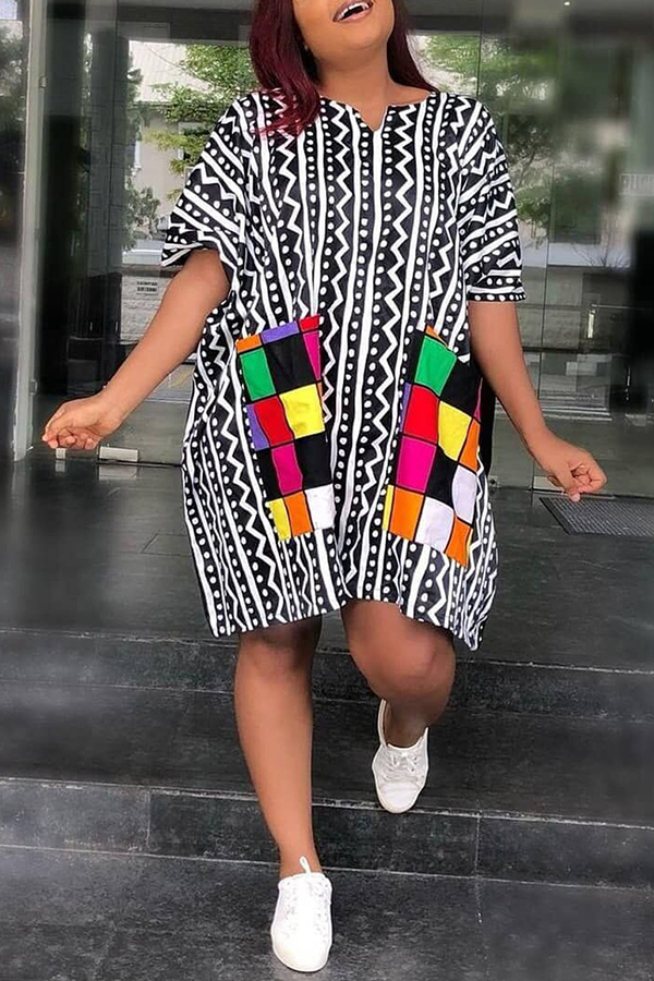 Lovely Casual Geometric Printed Black Knee Length Plus Size Dress_Plus