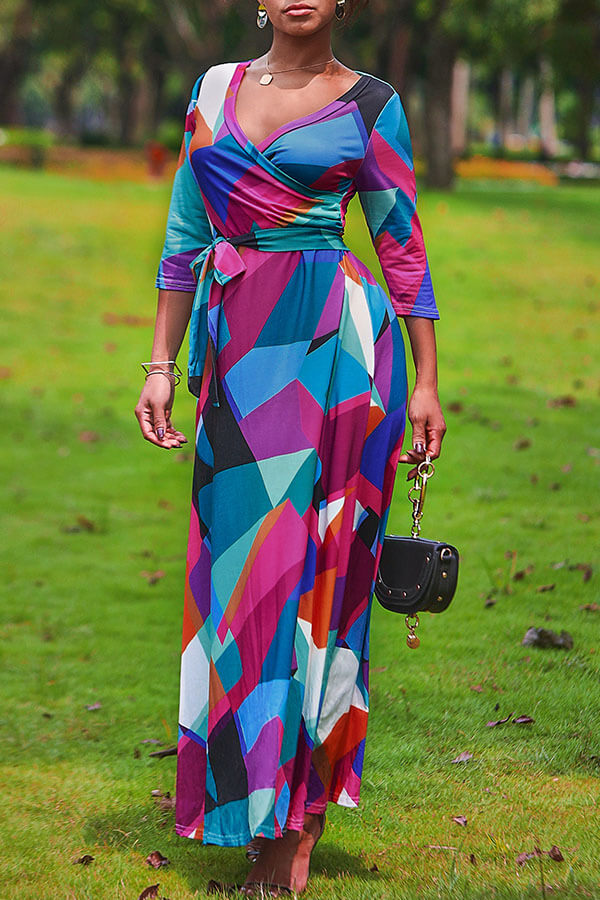 Lovely Sweet V Neck Color Block Patchwork Multicolor Floor Length Dress ...