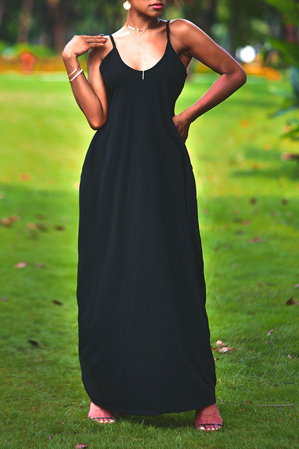 

Lovely Casual V Neck Asymmetrical Black Blending Floor Length Dress
