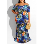 Lovely Casual Off The Shoulder Floral Printed Blue