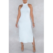 Lovely Stylish O Neck Rivet Decoration White Mid C