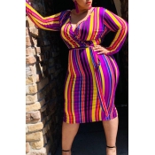 Lovely Stylish V Neck Striped Multicolor Knee Leng