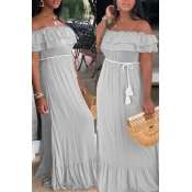 Lovely Sweet Off The Shoulder Ruffle Grey Floor Le