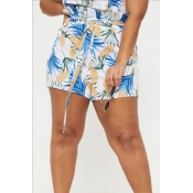 Lovely Bohemian V Neck Printed Ruffle Blue Plus Si