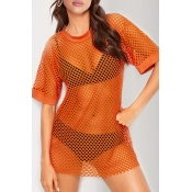 Lovely Sexy O Neck Hollow-out Orange-yellow T-shir
