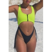 Lovely Patchwork Hollow-out Green One-piece Swimwe