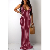 Lovely Sexy V Neck Striped Wine Red Floor Length A