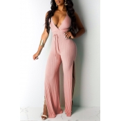 Lovely Sexy V Neck Backless Light Pink One-piece J