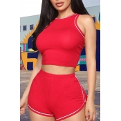 Lovely Casual O Neck Red Two-piece Shorts Set