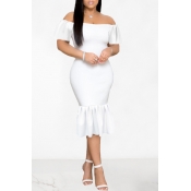 Lovely Stylish Off The Shoulder White Mid Calf Tru