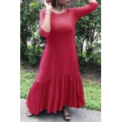Lovely Casual O Neck Ruffle Red Ankle Length Dress
